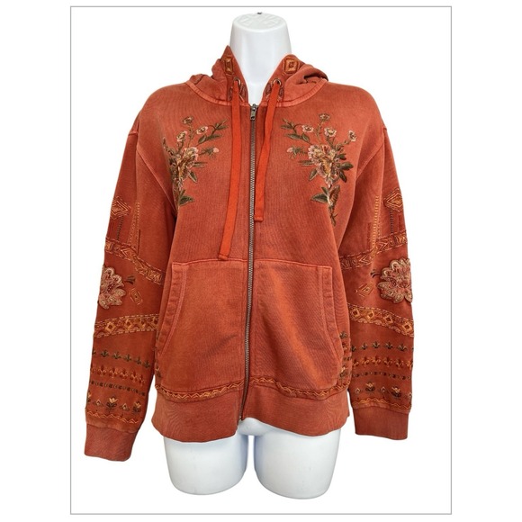 Driftwood Orange Teddy Hooded Sweater Floral Embroidered Design Women's XS - Picture 1 of 12